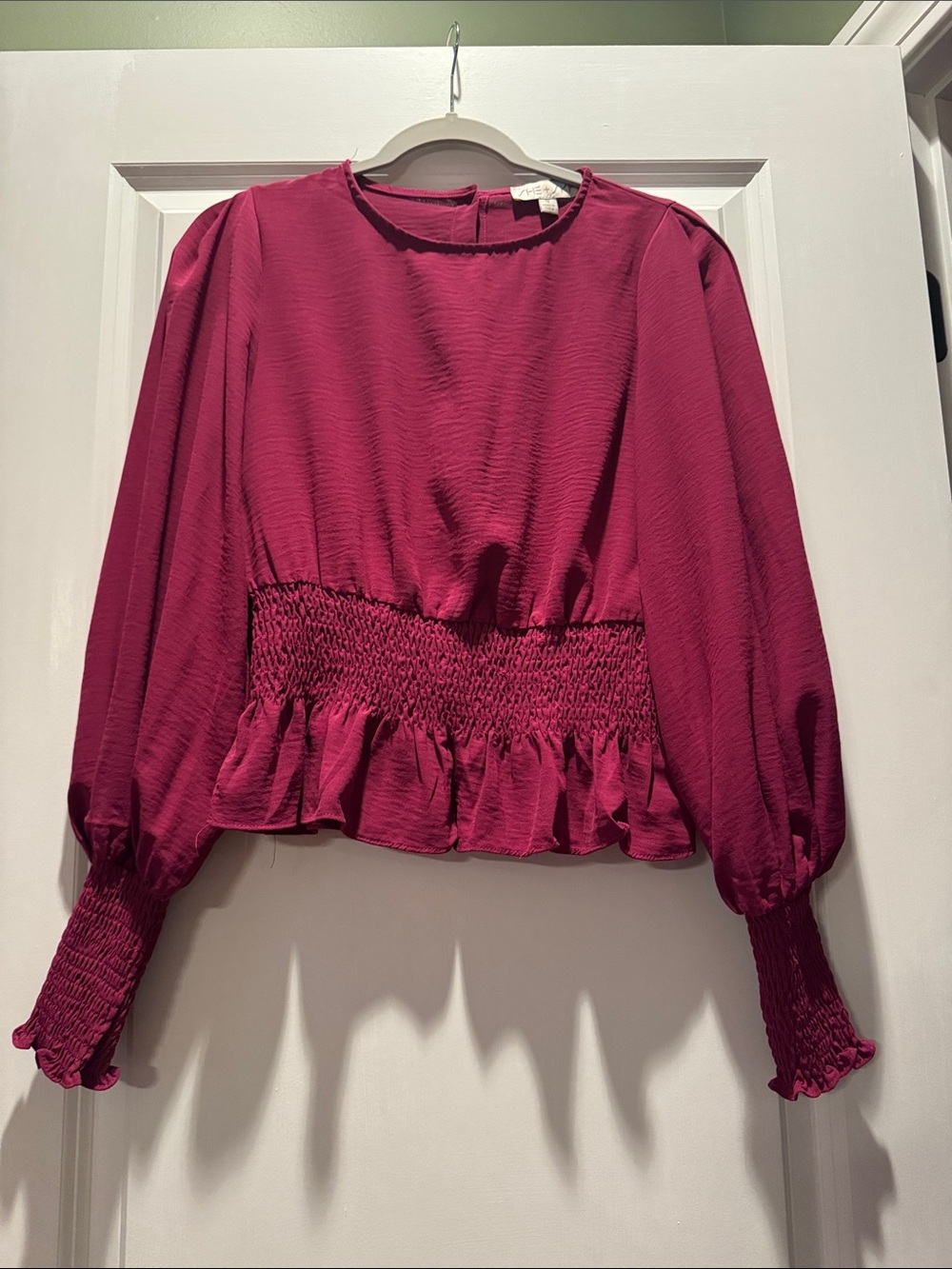 She + Sky Magenta Smocked Waist Long-Sleeve Blouse